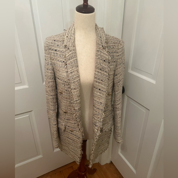 ZARA Tweed Open Blazer Jacket Tan Cream Sz Small - Picture 11 of 16